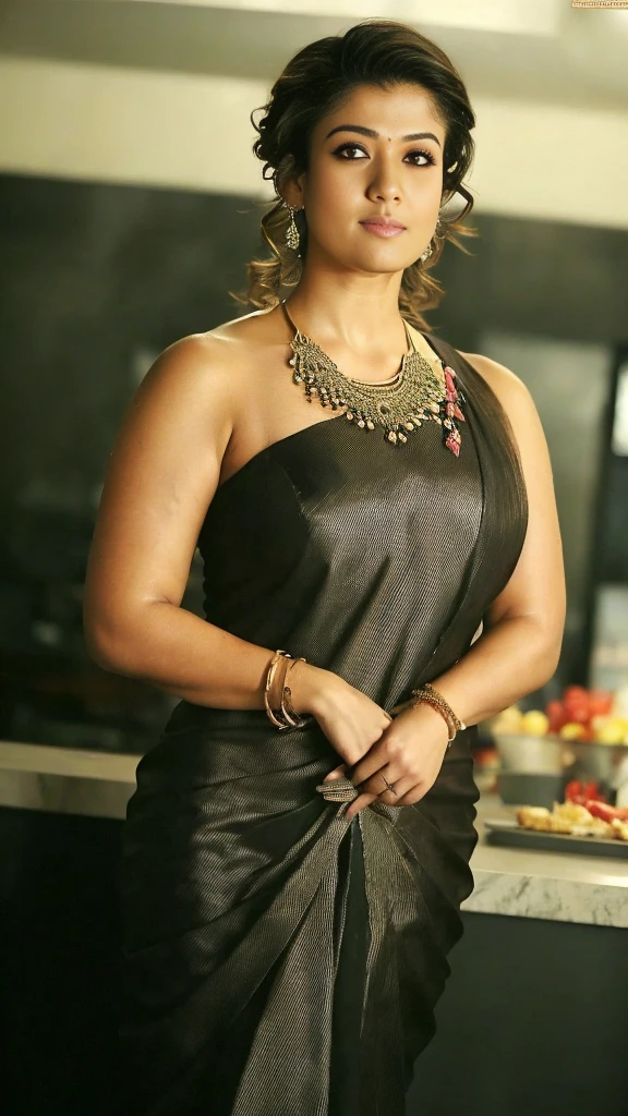 from bottom view, extreme close up photo of back of nayanthara with black lace saree, big cheeks, curvy, hourglass figure, swooping breasts, deep cleavage, open arms, sexy armpits, holding vessel and standing with wide open spread legs in kitchen, necklace, (cinematic:1.3), intricate details, (ArtStation:1.2)