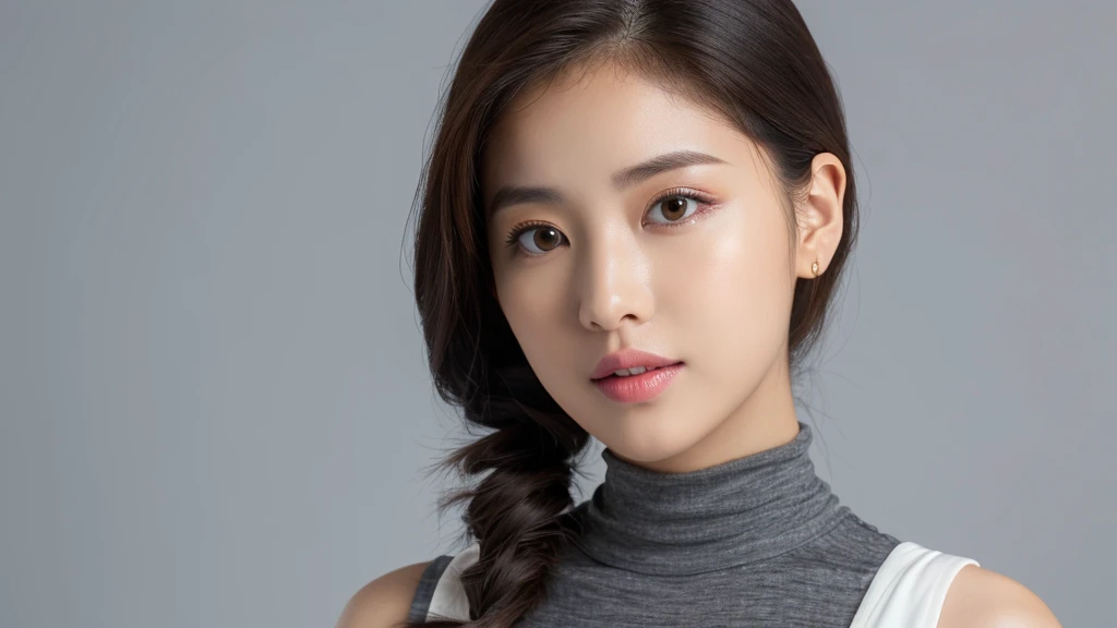 (detailed face),VIVID,breasts,pretty,sleeveless and turtle neck white silky clothes,4k ,super high resolution ,(photo-realistic: 1.7),gray background,