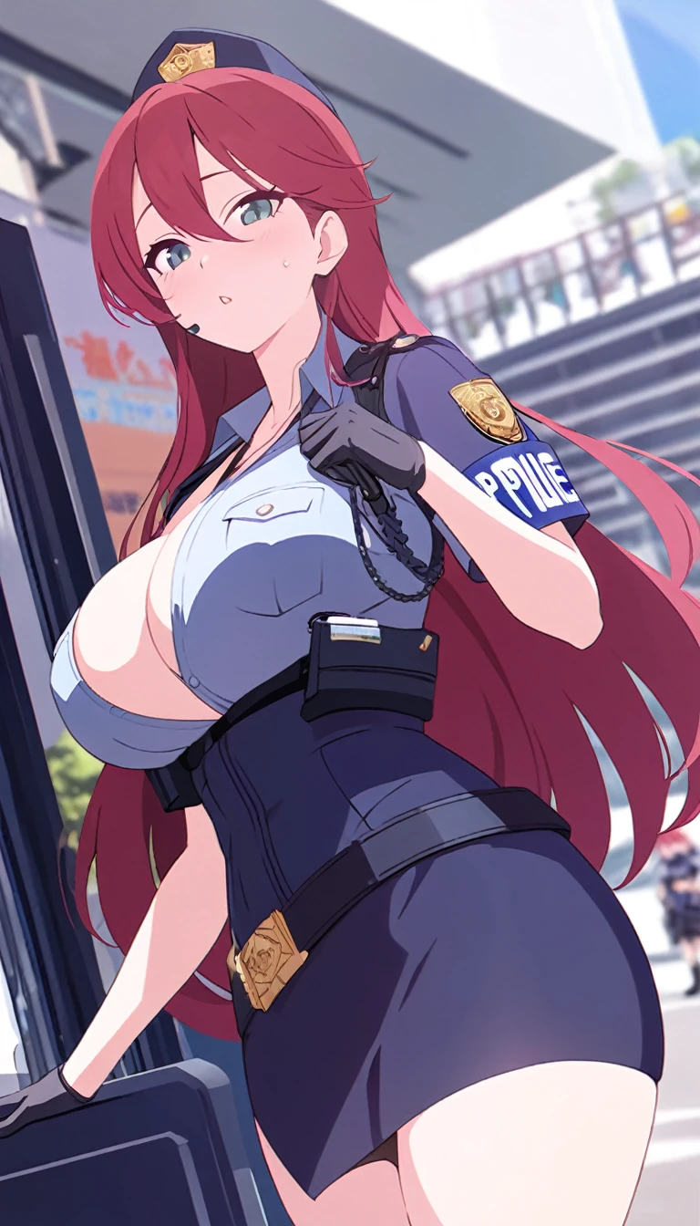 High quality, red hair, long hair, , female police officer, sexy out, Not wearing underwear, short skirt, Slut, in public, 4k