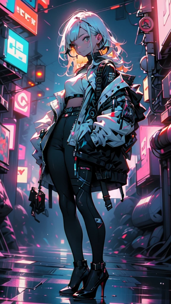 1 girl, long Yellow hair , cyberpunk, blue eyes, high heels, hand in pocket, best quality, 4k, 8k, highres, masterpiece:1.2, ultra-detailed, realistic, photorealistic, photo-realistic:1.37, HDR, UHD, studio lighting, ultra-fine painting, sharp focus, physically-based rendering, extreme detail description, professional, vivid colors, bokeh, cyberpunk, science fiction, neon lights, dark atmosphere, dramatic lighting