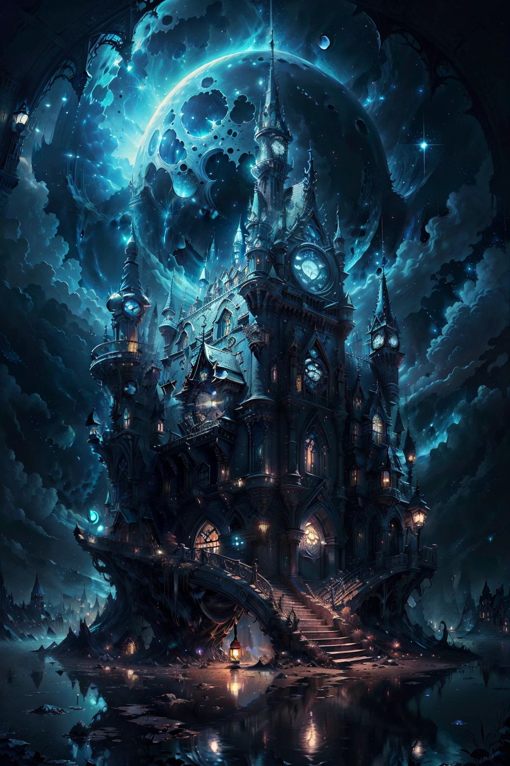 The moon reflected in a complex sky, night, Detailed fantasy horror background, Ultra-detailed; Magical Clock Town, realism; Great composition; Dynamic Lighting; Carefully constructed, Concept Art, indigo, Charming star, masterpiece, Splash Art, Spanish villas, Digital Illustration, Salvador Dali, Ferdinand Nab, reflection, Cel shade, Volumetric lighting, Beautiful texture