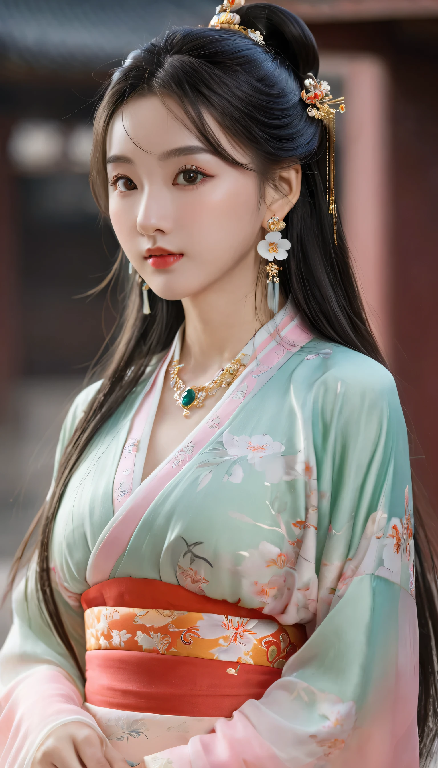 (photorealistic, best quality, ultra high res, extremely detailed eyes and face:1.3),1girl, solo,full body,skirt,jewelry,long_hair,necklace,earrings,perfect body,standing,large breasts,looking at viewer,chinese clothes,china dress,hanfu,