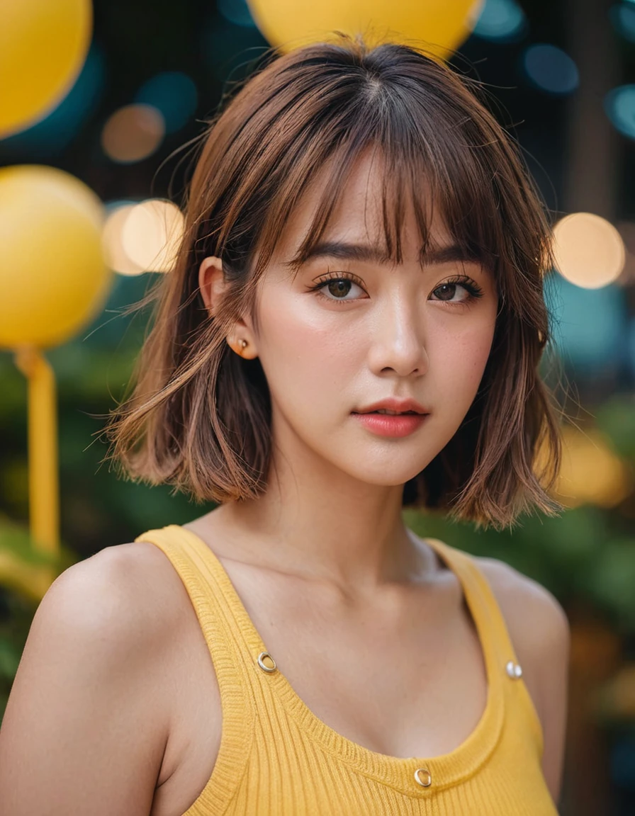 One girl, alone, Portraiture, Simple Background, Dark Theme, compensate, blush, Fine grain,Underbust, Small Bust, Sharp focus, Bokeh, Yellow pupil, Yellow theme, Parted bangs, Swimwear,(Ribbed sweater vest:1.29),, , Sweat drops, Sweep Bangle, 、