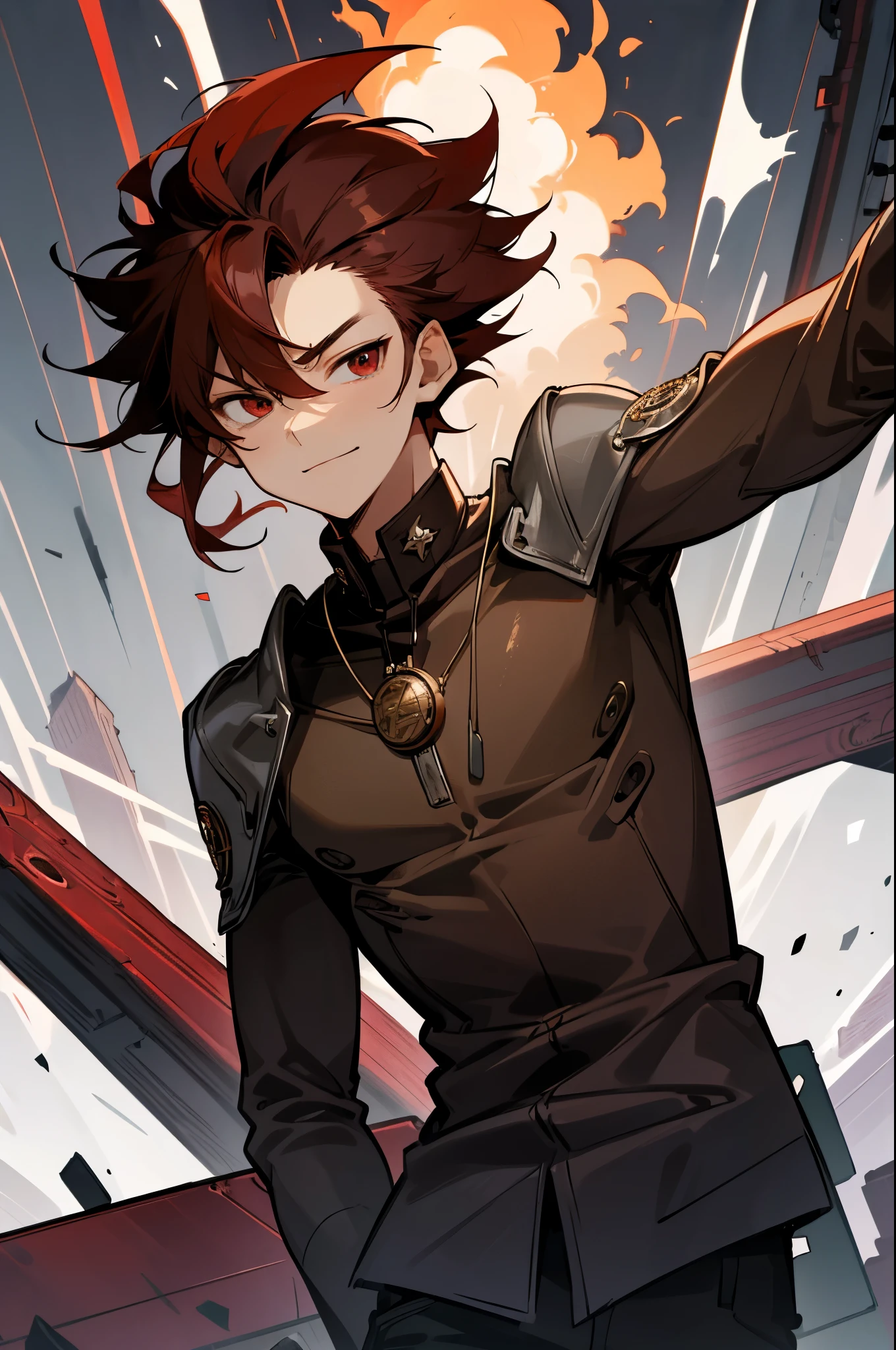 (high-quality, breathtaking),(expressive eyes, perfect face) 1boy, male, solo, young adult, black hair, red streaks in hair, red highlights, fire red eyes, soft wavy hair, short hair length, soft smile, spiky hair, fluffy hair, spiked up hair, black and red punk jacket, red shirt, confident smile, age 17, circle locket pendant necklace, battle scars on cheek, battle scars on neck, battle scars on torso