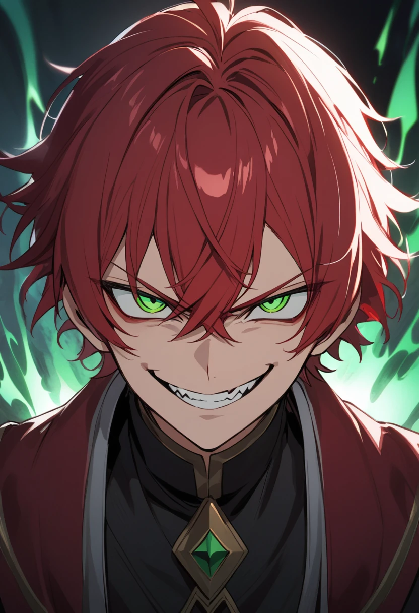 A boy with red hair and green eyes, with an evil smile