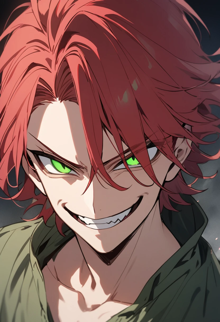 A boy with red hair and green eyes, with an evil smile