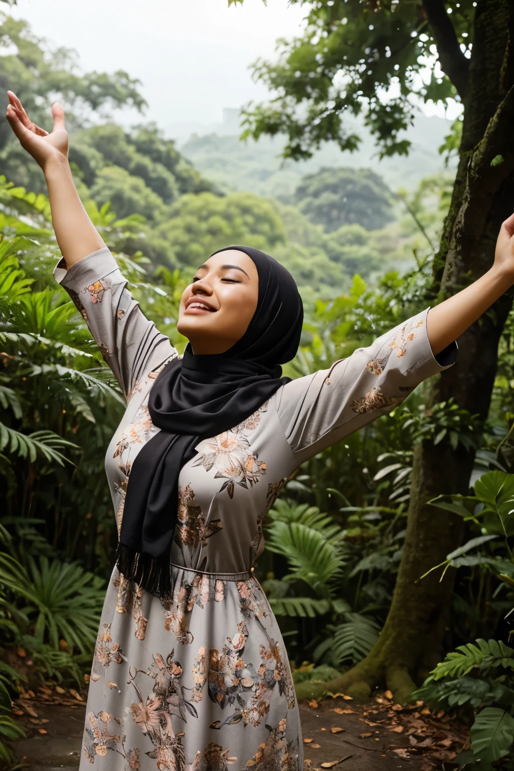 create a beautiful malay woman with light grey hijab , . She wears a vibrant brown floral-patterned spring dress and has her eyes closed, arms outstretched, A lush, flourishing forest is visible in the background, with a large tree providing shelter from the downpour. The atmosphere of the image is filled with unadulterated happiness, a profound connection with nature, and a sense of pure