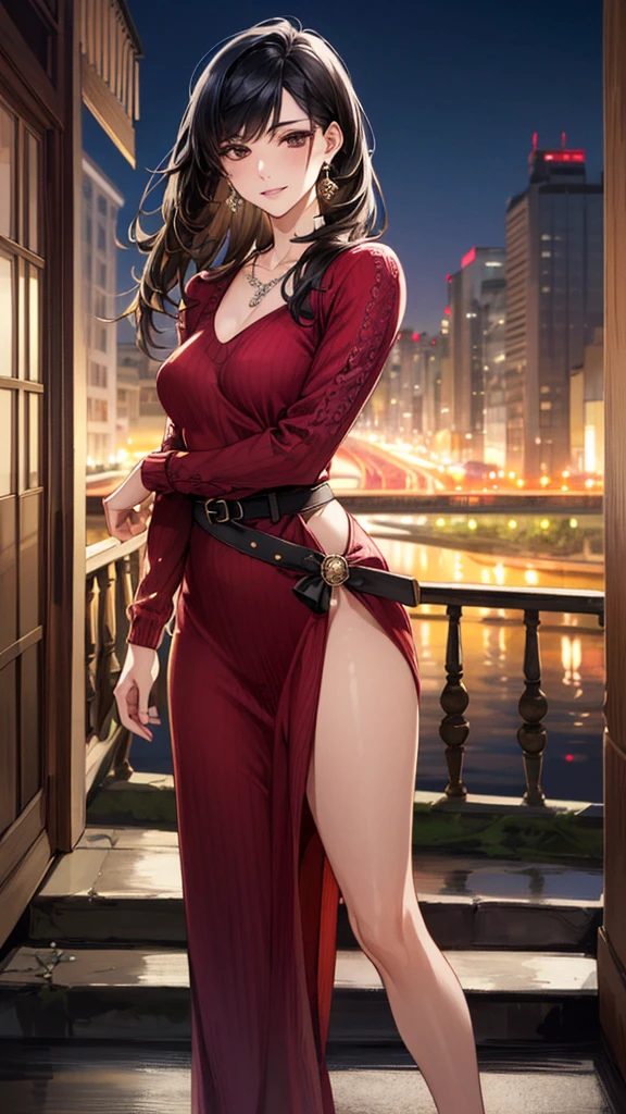 (masterpiece:1.3, Highest quality, Ultra-high resolution, Super detailed), (Realistic, photoRealistic:1.4), Beautiful illustrations, Perfect lighting, colorful, Depth of written boundary, Beautiful detailed hair, Beautifully detailed face, Beautiful fine details, Droopy eyes、Beautiful clavicle, Beautiful body, 美しいLarge Breasts, Beautiful thighs, Beautiful feet, Beautiful fingers, View Viewer、Front view:0.6, Beauty1人, Japanese, Beauty、30 years old, Perfect Face, (Perfect Anatomy, Anatomically correct), Cute and symmetrical face, Baby Face, , Shiny skin, (with thin belt、Bordeaux long sleeve knit dress:1.4) (Black Hair, Medium:1.4), Dark brown eyes, Large Breasts, Slim body, necklace, Small earrings:1.1, (Beautiful views), (night), (city, cityscape in the distance), Riverside、Are standing, A soft smile、(Smile, Lips parted),