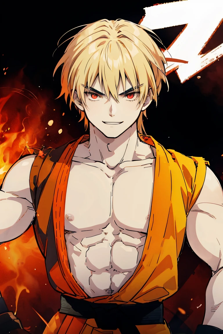 kenalpha, 1boy, male focus, orange hair, long hair, muscular, gloves, fingerless gloves, pectorals, martial arts belt, kimono, red eyes, evil smile, villain smile, dark-skinned skin, red aura around the body
