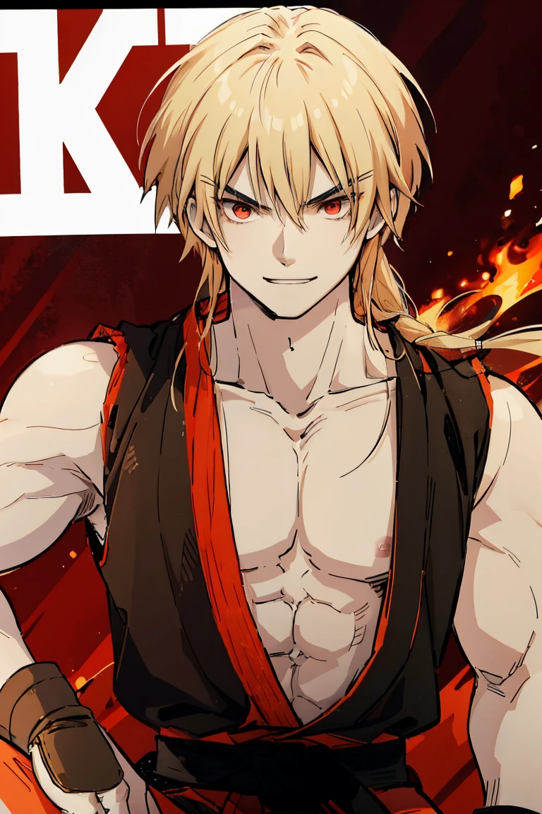 kenalpha, 1boy, male focus, orange hair, long hair, muscular, gloves, fingerless gloves, pectorals, martial arts belt, kimono, red eyes, evil smile, villain smile, dark-skinned skin, red aura around the body
