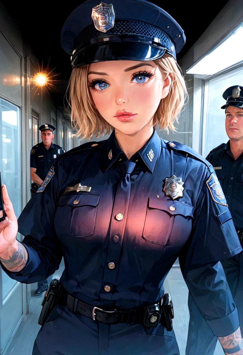 Laurence bedard in a police uniform holding a cell phone, wearing a police uniform, police officer, police lights shine on her face, brave police j decker face, officer, bodycam, police uniform, full body camera shot, in black uniform, bodycam footage, sparkling-eyes, perfect-eyes, full-lips, perfect-lips, stunningly-beautiful, high-saturation, 35mm-raw-photo, dynamic-composition, intense-expressions, police officer hit, (brave police j decker), cop, police