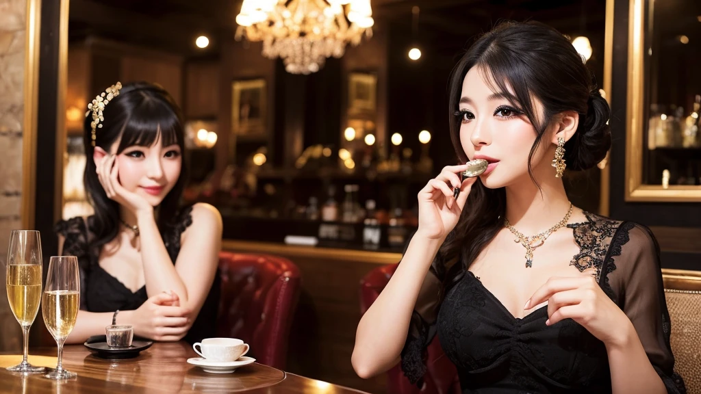 ・Cabaret club in Bukicho ・Japanese woman in her 20s ・Wearing a gorgeous dress ・Serving customers while sitting on a chair ・Luxurious atmosphere inside the store ・Large black eyes and long eyelashes、Small nose and mouth、Plump Cheeks