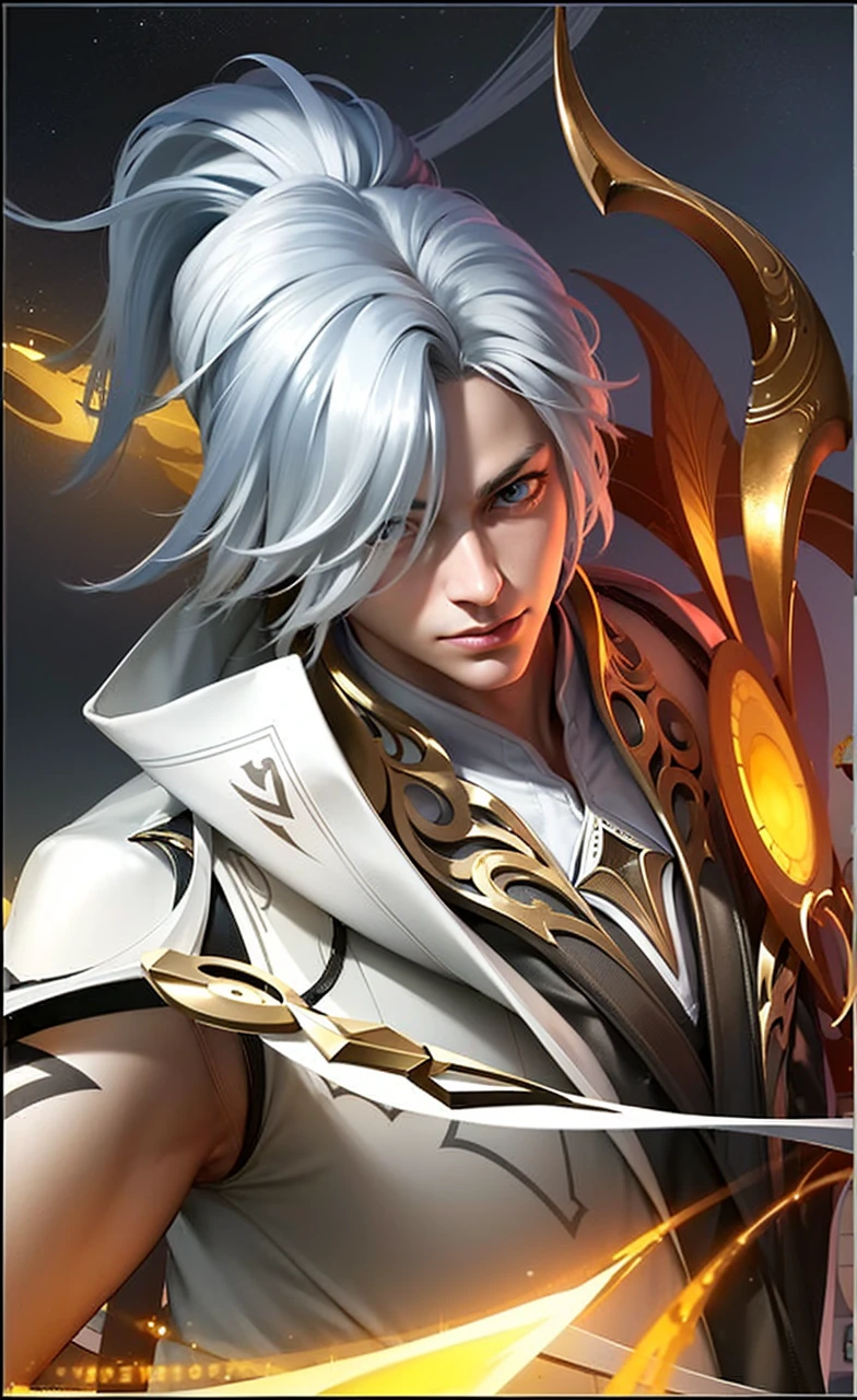 masculine male, masterpiece, ((perfect eyes)) best quality, (semirealism:1.9), beautiful lighting, (extremely detailed CG unity 4k fhd wallpaper), High Detail, Sharp focus, dramatic outdoors, 1 boy ,19 years old, white hair, light purpel eyes, smile.