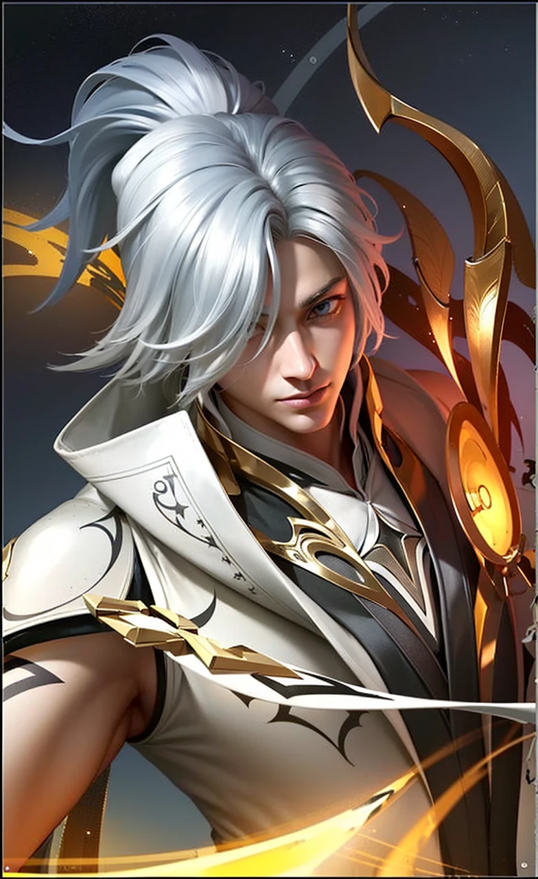 masculine male, masterpiece, ((perfect eyes)) best quality, (semirealism:1.9), beautiful lighting, (extremely detailed CG unity 4k fhd wallpaper), High Detail, Sharp focus, dramatic outdoors, 1 boy ,19 years old, white hair, light purpel eyes, smile.