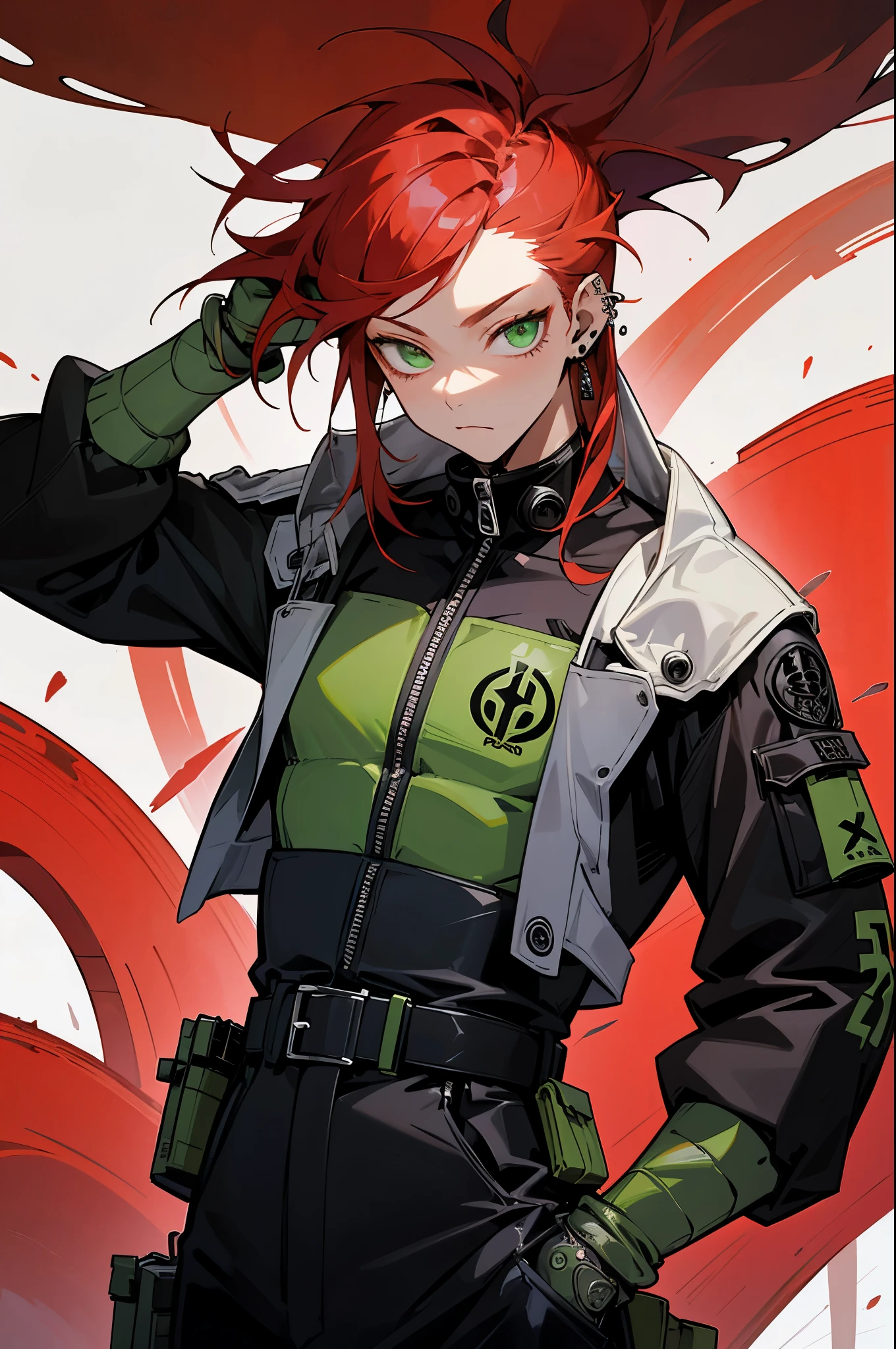 Create a vivid and detailed image of a male character with striking long red hair cascading down their back. Their piercing emerald green eyes hold an air of mystery and intrigue. The character sports lip, nose, and ear piercings, each one reflecting their alternative style. Dressed in a unique techwear outfit, the primary colors are a bold combination of red and black. The attire features a plethora of accessories, including extra belts, tassels, and embellishments that give it an edgy, avant-garde appearance. Capture the essence of their alternative and tech-infused style in every intricate detail, portraying a character that exudes confidence and individuality.
