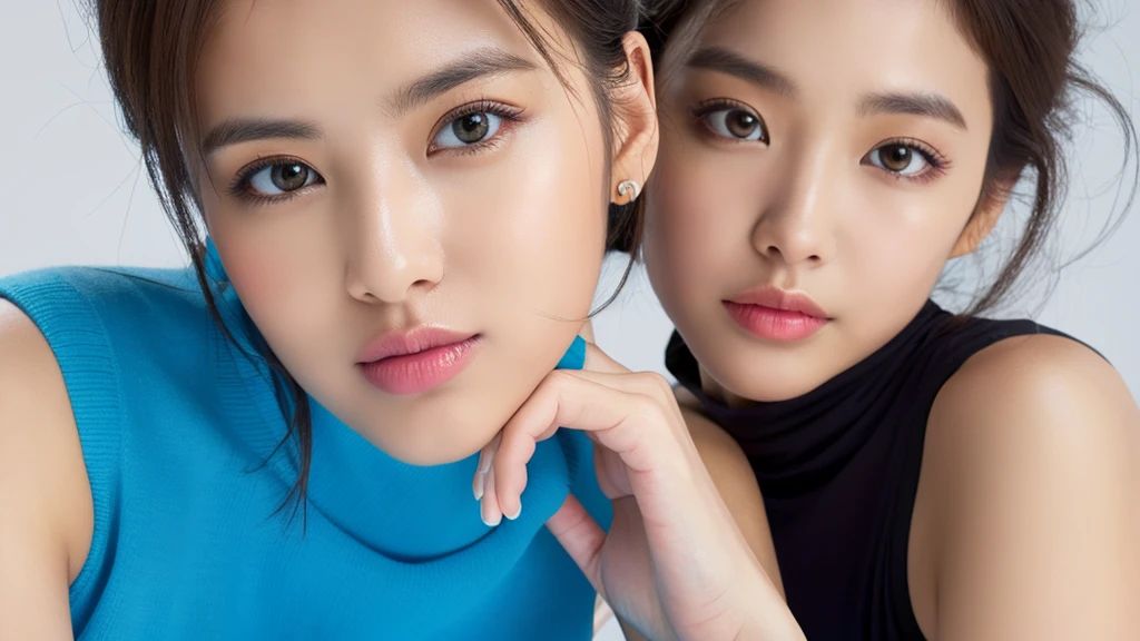 (detailed face),VIVID,breasts,pretty,sleeveless and turtle neck clothes,4k ,super high resolution ,(photo-realistic: 1.7),white background,