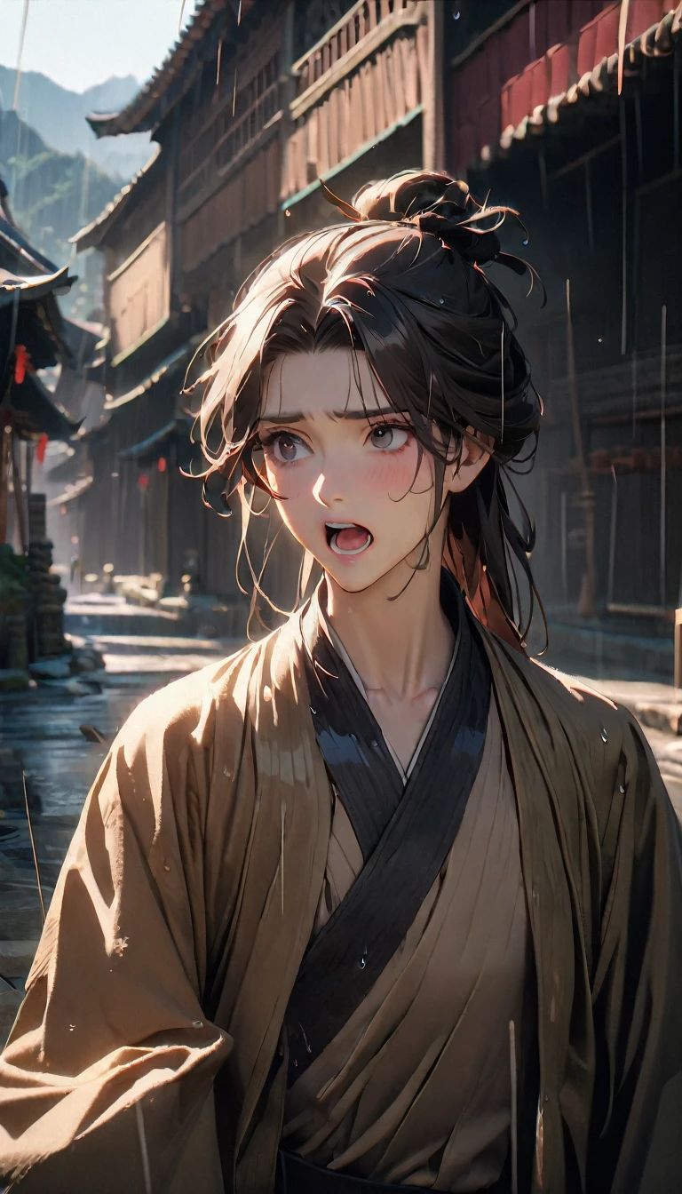 (((8K, RAW photos, best quality, masterpiece: 1.4))), (((((Boy on the road))))),Ultra-high resolution, Extremely detailed, light, Upper body close-up, handsome boy, black eyes, (Helpless expression, Eyes are bright:1.2), Warrior hairstyle, Ancient style dress, Beige robe, 一絲不苟的Beige robe, Simple accessories for clothes, Open your mouth and complain, (perfect anatomy:1.2), High-quality shadows, Natural Lighting, (During the Song Dynasty:1.2), daytime, cloudy day, (Rain wets the whole body:1.2), (Ancient mountain road:1.2)