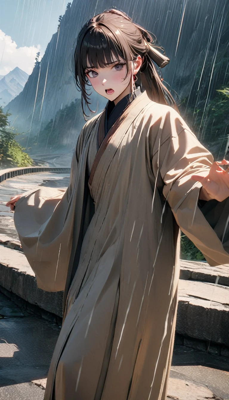 (((8K, RAW photos, best quality, masterpiece: 1.4))), (((((Boy on the road))))),Ultra-high resolution, Extremely detailed, light, Upper body close-up, handsome boy, black eyes, (Helpless expression, Eyes are bright:1.2), Warrior hairstyle, Ancient style dress, Beige robe, 一絲不苟的Beige robe, Simple accessories for clothes, Open your mouth and complain, (perfect anatomy:1.2), High-quality shadows, Natural Lighting, (During the Song Dynasty:1.2), daytime, cloudy day, (Rain wets the whole body:1.2), (Ancient mountain road:1.2)