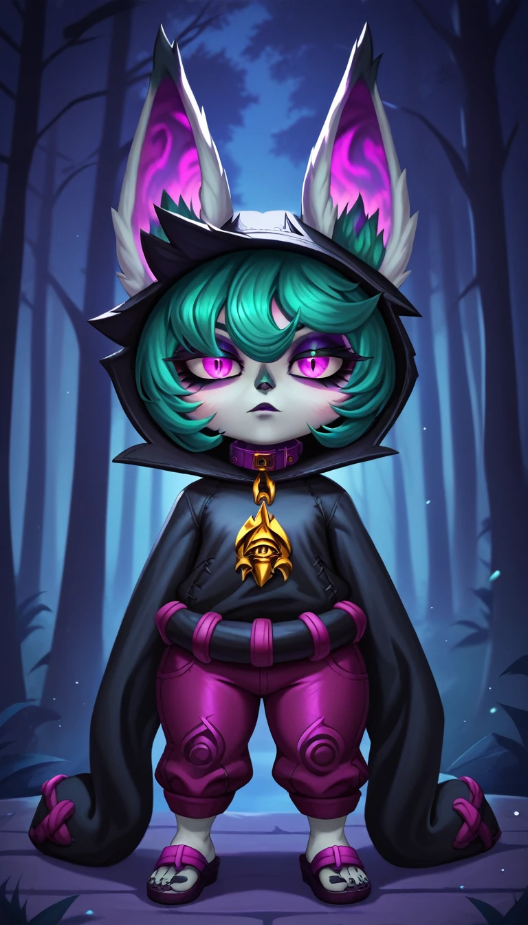 masterpiece,(best quality,top quality,8k),ultra detailed,painting,detailed eyes and face,(1girl),VexLoLXL, yordle, shortstack, pink eyes, green hair, bangs, short hair, grey skin, colored skin, black hood, hood up, ears through headwear, white animal ears, black shirt, purple collar, golden ornament, long sleeves, sleeves past wrists, purple pants, sandals, looking at viewer, forest,night