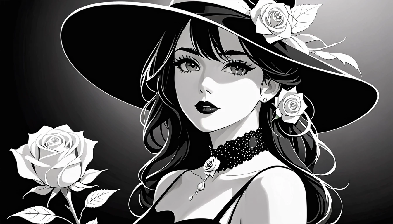 A woman in black and white with black hat and white rose holding a white rose in high resolution in 8K