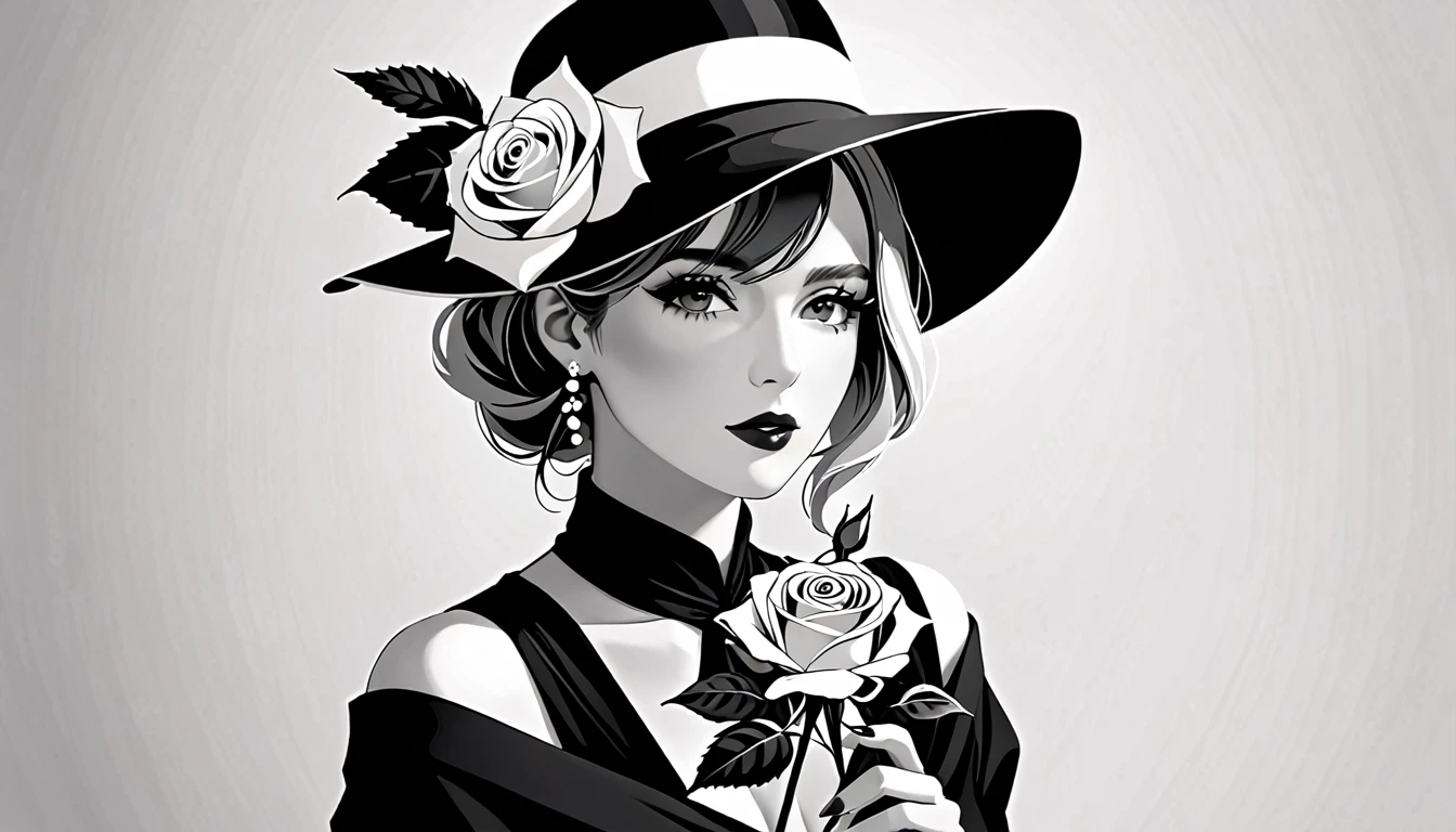 A woman in black and white with black hat and white rose holding a white rose in high resolution in 8K