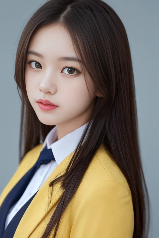 detailed and realistic portrait of a girl with a clean face), (round eyes and long flutters hair shot outside),staring at camera,magical photography, with dramatic lighting, photo realism, Ultra-detailed, (centered image composition), (close up shot:1.6),Best Quality,f/1. 8, 85mm, (18-year-old Asian female), black_heads,(black_eyes:1.2),(bangss),makeups,white_one-piece, (hazy blue_sky_Background with), ((full body shooting)), (Yellow Blazer, bows, Sneakers, Black stockings, High School Uniform: 1.2, )