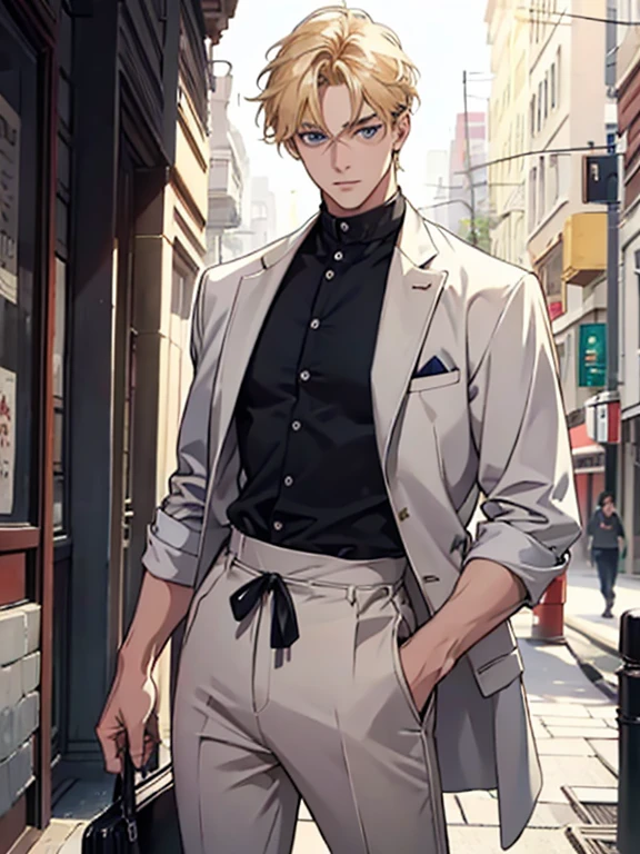 (1 man), solo, detailed eyes, {{{masterpiece}}}, {{{best quality}}}, {{ultra-detailed}}, {illustration}, {detailed eyes}, {detailed light}, {waist up}, subject: [1 male, 30 years old, solo, adult, tall, very handsome, popular, hair (short, blonde), blue eyes, slightly muscular], modern attire (casual clothes, comfortable clothing)