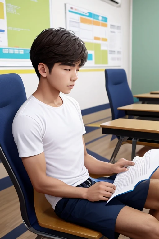 A man is sitting in the classroom, garoto, colega de classe masculino, na sala de aula do campus, this colega de classe masculino is wearing a white T-shirt, cabelo preto curto, holding a pen in hand, there are test papers, There are books, the lens is presented mainly on the upper part of the body, no estilo de arte Loepfe ((Cidade de Xinhai), popular em CGStation, Xinhaicheng H 2160, inspirado em Bian Shoumin, Xinhaicheng, Planejado, Estilo Guvitz, fotos de alta qualidade, 4K, 8K, resolution,