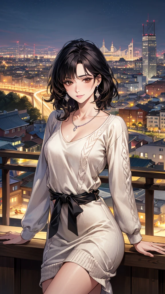 (masterpiece:1.3, Highest quality, Ultra-high resolution, Super detailed), (Realistic, photoRealistic:1.4), Beautiful illustrations, Perfect lighting, colorful, Depth of written boundary, Beautiful detailed hair, Beautifully detailed face, Beautiful fine details, Droopy eyes、Beautiful clavicle, Beautiful body, 美しいLarge Breasts, Beautiful thighs, Beautiful feet, Beautiful fingers, View Viewer、Front view:0.6, Beauty1人, Japanese, Beauty、30 years old, Perfect Face, (Perfect Anatomy, Anatomically correct), Cute and symmetrical face, Baby Face, , Shiny skin, (with thin belt、Brown long sleeve knit dress:1.4) (Black Hair, Medium:1.4), Dark brown eyes, Large Breasts, Slim body, necklace, Small earrings:1.1, (Beautiful views), (night), (city, cityscape in the distance), Riverside、Are standing, A soft smile、(Smile, Lips parted),