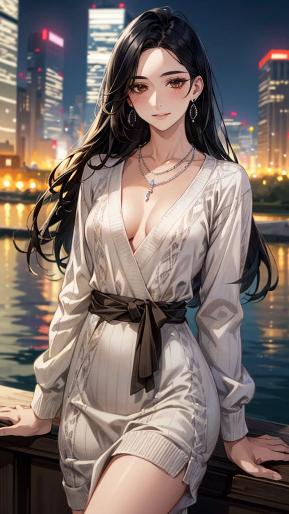 (masterpiece:1.3, Highest quality, Ultra-high resolution, Super detailed), (Realistic, photoRealistic:1.4), Beautiful illustrations, Perfect lighting, colorful, Depth of written boundary, Beautiful detailed hair, Beautifully detailed face, Beautiful fine details, Droopy eyes、Beautiful clavicle, Beautiful body, 美しいLarge Breasts, Beautiful thighs, Beautiful feet, Beautiful fingers, View Viewer、Front view:0.6, Beauty1人, Japanese, Beauty、30 years old, Perfect Face, (Perfect Anatomy, Anatomically correct), Cute and symmetrical face, Baby Face, , Shiny skin, (with thin belt、Brown long sleeve knit dress:1.4) (Black Hair, Medium:1.4), Dark brown eyes, Large Breasts, Slim body, necklace, Small earrings:1.1, (Beautiful views), (night), (city, cityscape in the distance), Riverside、Are standing, A soft smile、(Smile, Lips parted),