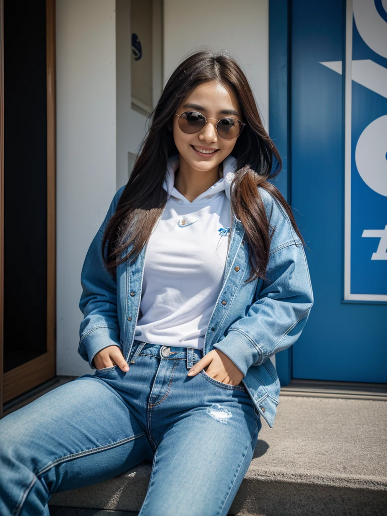 Realistic Photography of a beautiful woman from korea, long flowing hair, calm and smiling face, sunglasses, hoodie blue jacket, jeans, blue nike shoes, sitting attractive style on the open door of a glossy blue mitsubishi lancer car with beautiful Japanese art decals, background of a small Tokyo street in the afternoon, masterpiece, realistic, cinematic, movie poster, 64K.