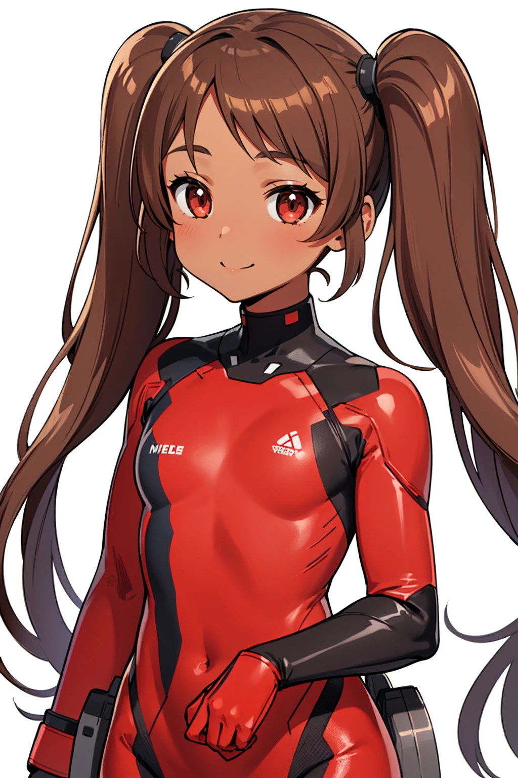 whole body,Standing posture, (alone,Beautifully arranged hair,,Brown Hair,Twin tails,) (Small breasts,Girl,Brown skin), (beautifully drawn face:1.2) (Plug Suit:1.3,Red clothes) smile,Cool pose,(White background)