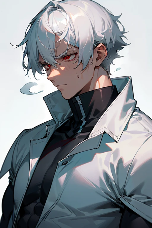 male、Gray Hair、White Hair、Short Hair、Red Eye、Cold-blooded man、Handsome、Well-built、Cold Face、Well-formed face、Increased body temperature、Sweat runs down my skin、after exercise、A serious face、Fatigue、hot、Sigh、tired、fatigue、tired