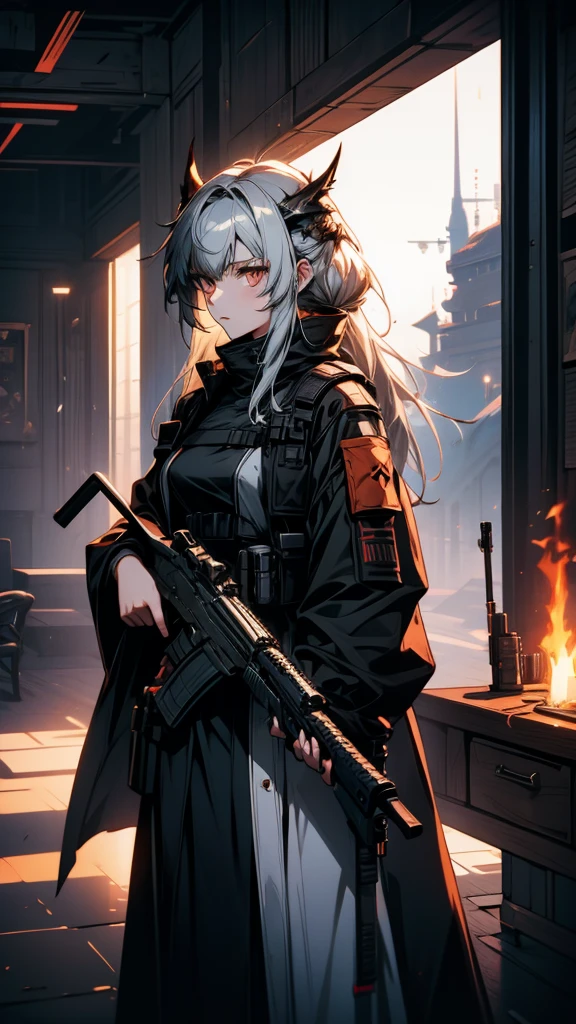 Woman in dress holding a gun, from Arknights, from Girls&#39; Frontline, Girls&#39; Frontline style, Fine details. Girls&#39; Frontline, Girls&#39; Frontline universe, Girls&#39; Frontline cg, Girls&#39; Frontline, Kantai Collection Style, Gweitz, Arknights, Epic light novel art cover, Female protagonist 👀 :8, m4 sopmod ii Girls&#39; Frontline