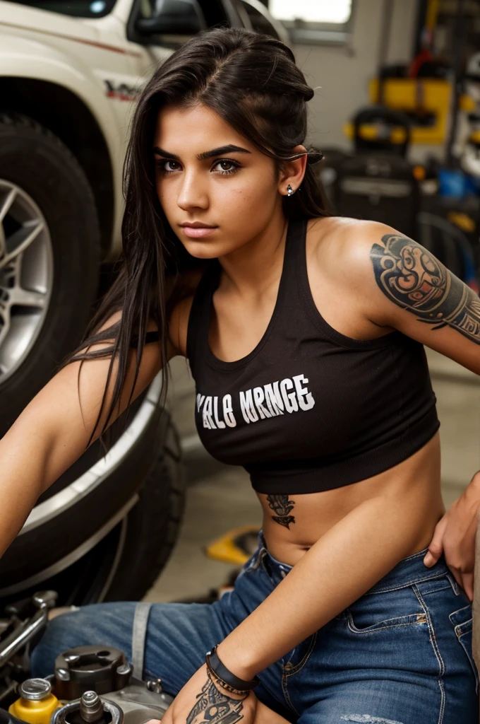 A tough-looking college-age girl with dark brown messy hair, and fair skin, has a nose piercing, an eyebrow piercing, three ear piercings in both ears, tattoos on her arm, and works as a mechanic