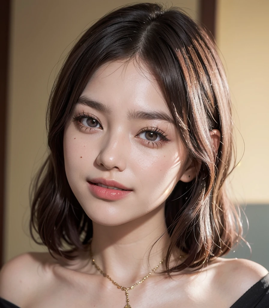 1 girl, 19 years old, south korean, 4k, masterpiece, frekles under eyes, short whavy pink hair, bob haircut, pink eyes, red lips, red eyeliners, massively large breast, off shoulder pink top, discovered breast, tattoo in the neck, gold necklase, tilted head, happy, big smile, perfect teeth, lots of frekles under eyes, selfie, close shot, detailed face, face focus, facing camera.