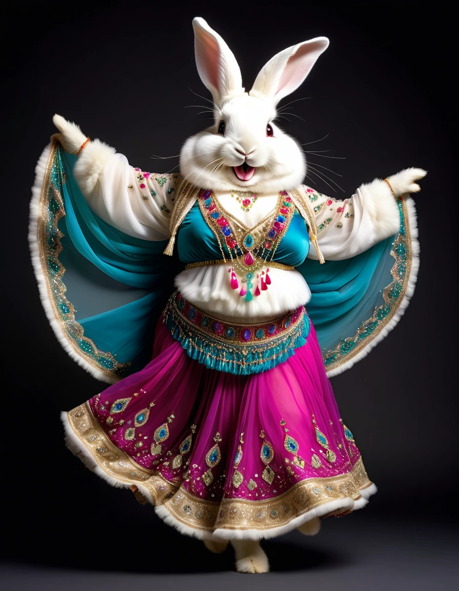 photorealistic portrait of Dressed animals - a ((fat)) ((angora rabbit)) dancer,(furry), (dynamic dancing:2.0), (swinging arms :2.0),(happy smile:1.2),high quality,(happy),(lovely) ,intricate details, (sheer veil), highly detailed (( gypsy belly dancing clothes)) ,highly detailed decorations of clothes, Wearing gypsy belly dancing clothes, , (happy), studio lighting,(full body image:1.5),simple background,(viewed from side:2.0),