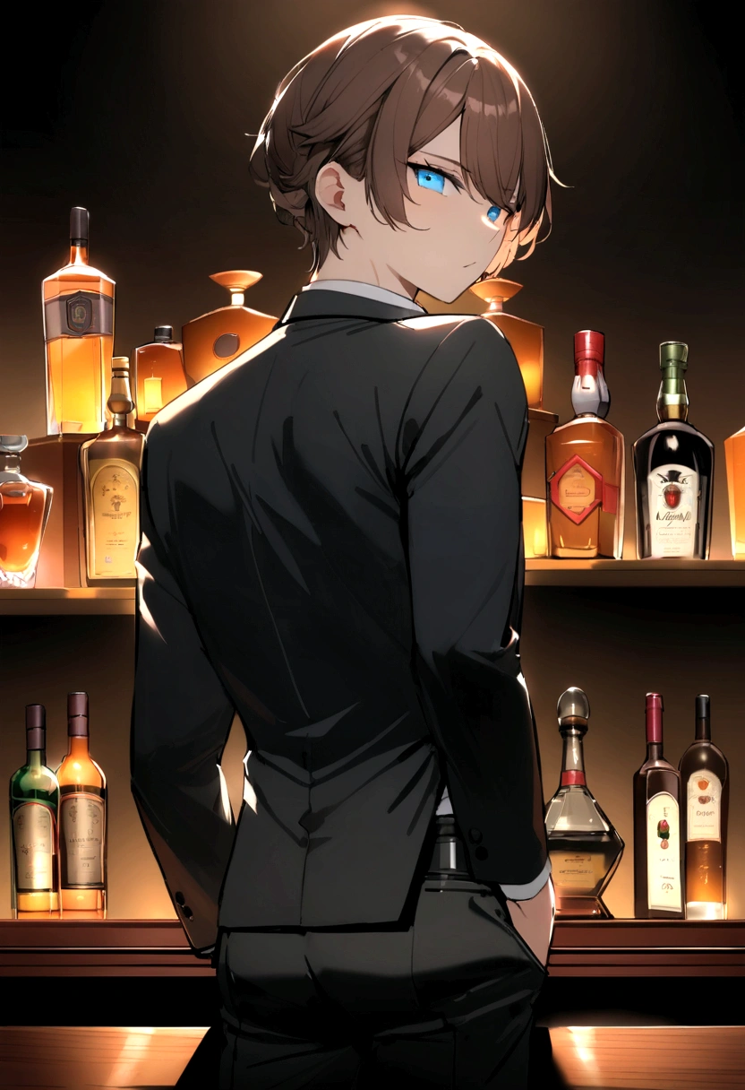 (Highest quality)(1 man,single,brown hair,blue eyes,fit ,Black suit shirt,black pants,Turn to look at the viewer,ยืนอยู่ในbar,Beautiful lighting.(bar, see liquor, Detailed background (little light pollution)) look back