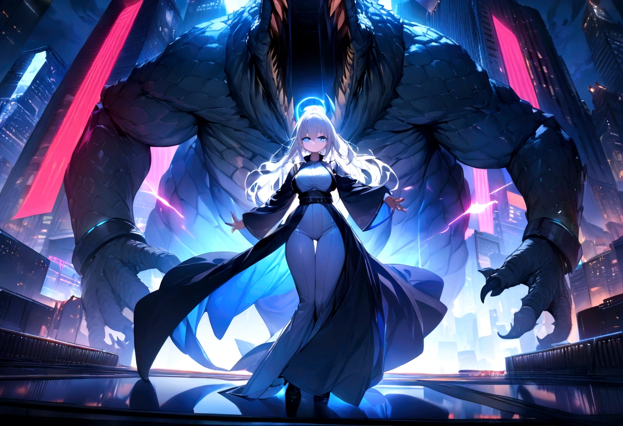 ((masterpiece, Highest quality, Best image quality, High resolution))Giant Crocodile、Giant Griffon、 Human in a black robe、Beautiful white hair,looking at the camera、 Glowing blue eyes and advanced cybernetic enhancements. The giant demon is seen in a dynamic action pose, Neon-lit rooftop, reflection on a smooth surface. The cityscape below is filled with towering skyscrapers., illuminated by colorful holographic advertisements, Shining with blue energy, Mighty power. The overall atmosphere is dark and mysterious., It had a futuristic techno vibe.. The lighting is dramatic, Intense highlights and deep shadows, Creates depth and tension. Color Palette