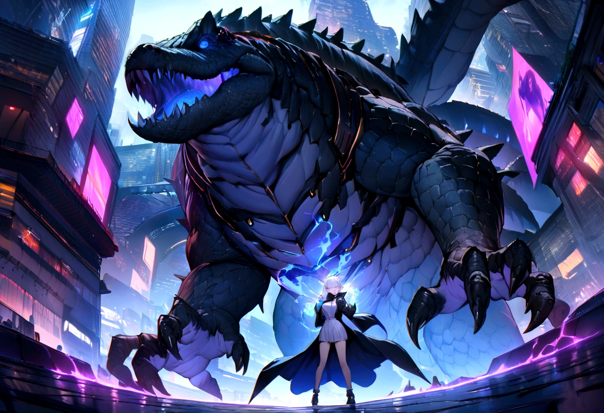 ((masterpiece, Highest quality, Best image quality, High resolution))Giant Crocodile、Giant Griffon、 Human in a black robe、Beautiful white hair,looking at the camera、 Glowing blue eyes and advanced cybernetic enhancements. The giant demon is seen in a dynamic action pose, Neon-lit rooftop, reflection on a smooth surface. The cityscape below is filled with towering skyscrapers., illuminated by colorful holographic advertisements, Shining with blue energy, Mighty power. The overall atmosphere is dark and mysterious., It had a futuristic techno vibe.. The lighting is dramatic, Intense highlights and deep shadows, Creates depth and tension. Color Palette