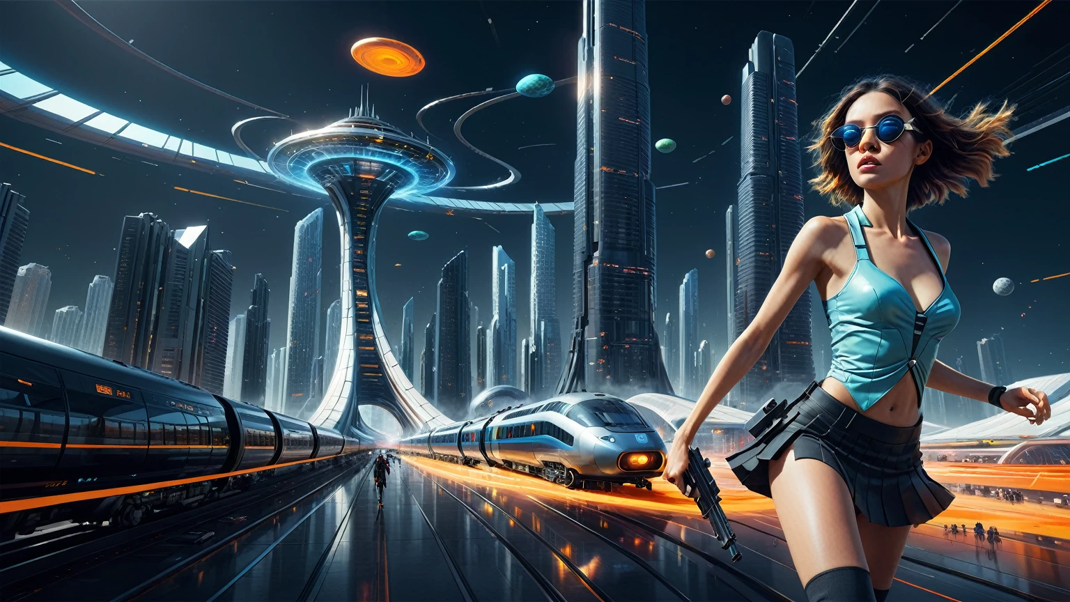 Brightly colored abstract aerial view image of a futuristic railway station with a spiral, a (((((futuristic all-glass train))))) passing by, epic beautiful space sci-fi, chaotic cinematic space rift, Greg Beeple, planets colliding, Beeple and Tim Hildebrandt, Beeple and Jean Giraud, end of the universe, (((((giant abstract sculpture))))), galaxy space sci-fi, ringworld, by Mike "Beeple" Winkelmann. Matrix style, (((((Matrix cascading code))))), (((((a futuristic twin tower skyscraper with a unique twisted design))))), (((((OLED GUI interfaces in the building))))), at night, (((((1girl, solo))))), photo realistic, (((large-breast:1.2 body, cleavage))), (((off broken mini sling-shirt and black sling bra, extreamly short pleated miniskirt exposing panty))), (((((running pose))))), (((((((matrix style black micro sunglasses))))))), ((((((((((aiming with a short gun)))))))))), (((((looking at camera))))), (((very low view))), (((((half-body thigh level medium shot))))), (((cinematic lighting))).