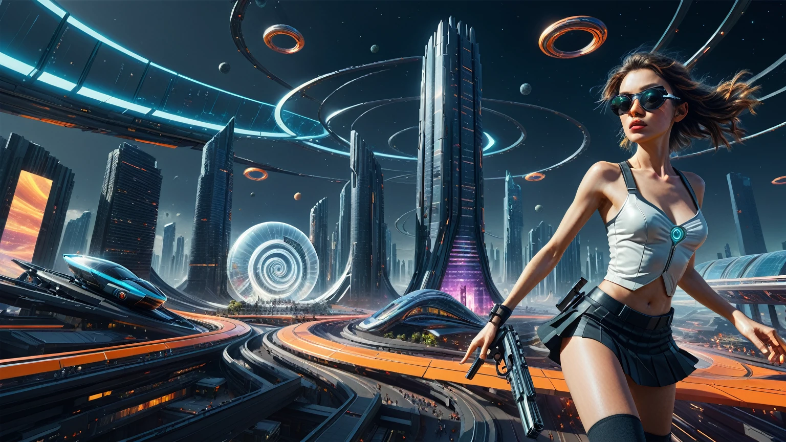 Brightly colored abstract aerial view image of a futuristic railway station with a spiral, a (((((futuristic all-glass train))))) passing by, epic beautiful space sci-fi, chaotic cinematic space rift, Greg Beeple, planets colliding, Beeple and Tim Hildebrandt, Beeple and Jean Giraud, end of the universe, (((((giant abstract sculpture))))), galaxy space sci-fi, ringworld, by Mike "Beeple" Winkelmann. Matrix style, (((((Matrix cascading code))))), (((((a futuristic twin tower skyscraper with a unique twisted design))))), (((((OLED GUI interfaces in the building))))), at night, (((((1girl, solo))))), photo realistic, (((large-breast:1.2 body, cleavage))), (((off broken mini sling-shirt and black sling bra, extreamly short pleated miniskirt exposing panty))), (((((running pose))))), (((((((matrix style black micro sunglasses))))))), ((((((((((aiming with a short gun)))))))))), (((((looking at camera))))), (((very low view))), (((((half-body thigh level medium shot))))), (((cinematic lighting))).