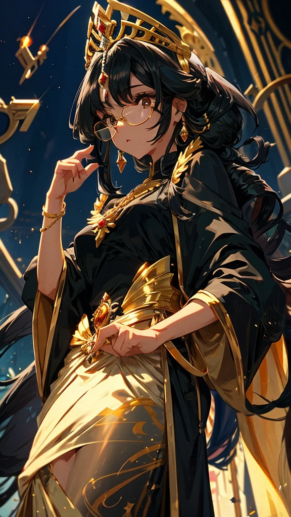 A princess with long black hair and elegant golden glasses.
