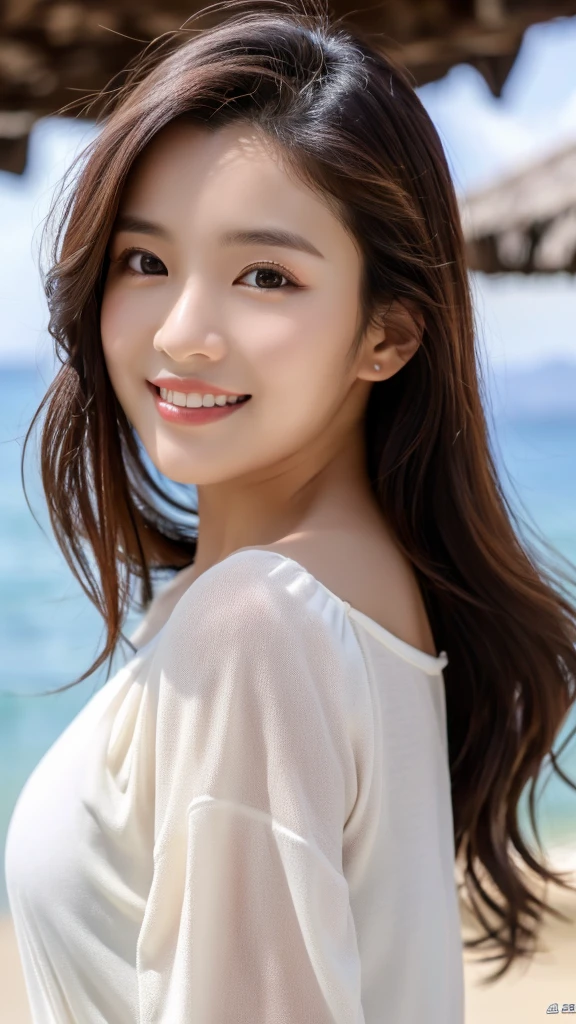 Tabletop、(Highest quality、4k、8k、High resolution、Masterpiece: 1.2)、Super detailed、(Real、Photorealistic、Photorealistic: 1.37)、Full Body Shot、Complex and beautiful eyes、woman、long hair、Natural color lip、whiteTshirt、Bold and sexy pose、smile、Ocean、20 year old girl、A cute and sexy shot looking straight at the camera。