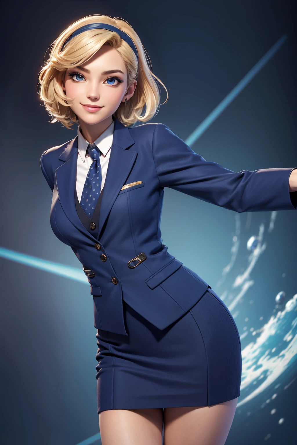 3DMM Style, (Masterpiece, Top Quality, Best Quality, Official Art, Beauty and Aesthetics: 1.2), (Fractal Art: 1.3), 1 Girl, Beautiful, High Detail, Blonde, Short Hair, Hairband, Dark Light, Smiling Face, Front View,Sky, Medium Background, Flowing Skirt, (((Dark Blue Three-Piece Suit))), Shirt, Tie, Sport Coat, Blazer, Vest, Tight Skirt, Jewelry
