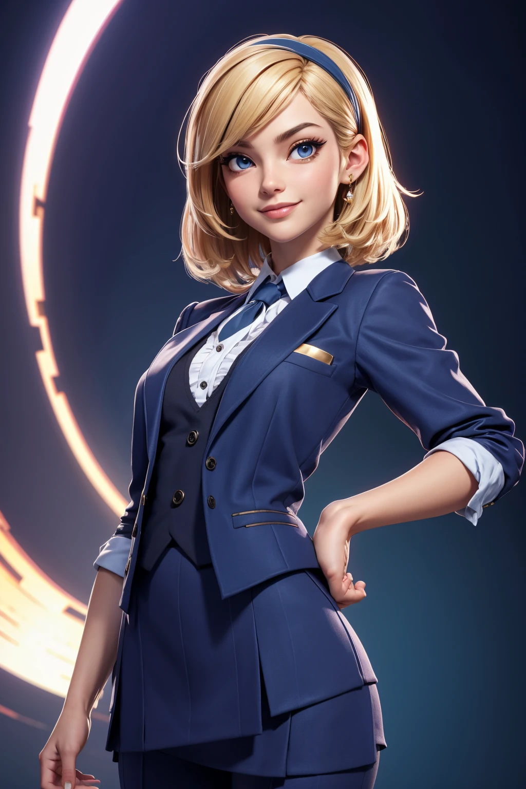 3DMM Style, (Masterpiece, Top Quality, Best Quality, Official Art, Beauty and Aesthetics: 1.2), (Fractal Art: 1.3), 1 Girl, Beautiful, High Detail, Blonde, Short Hair, Hairband, Dark Light, Smiling Face, Front View,Sky, Medium Background, Flowing Skirt, (((Dark Blue Three-Piece Suit))), Shirt, Tie, Sport Coat, Blazer, Vest, Tight Skirt, Jewelry