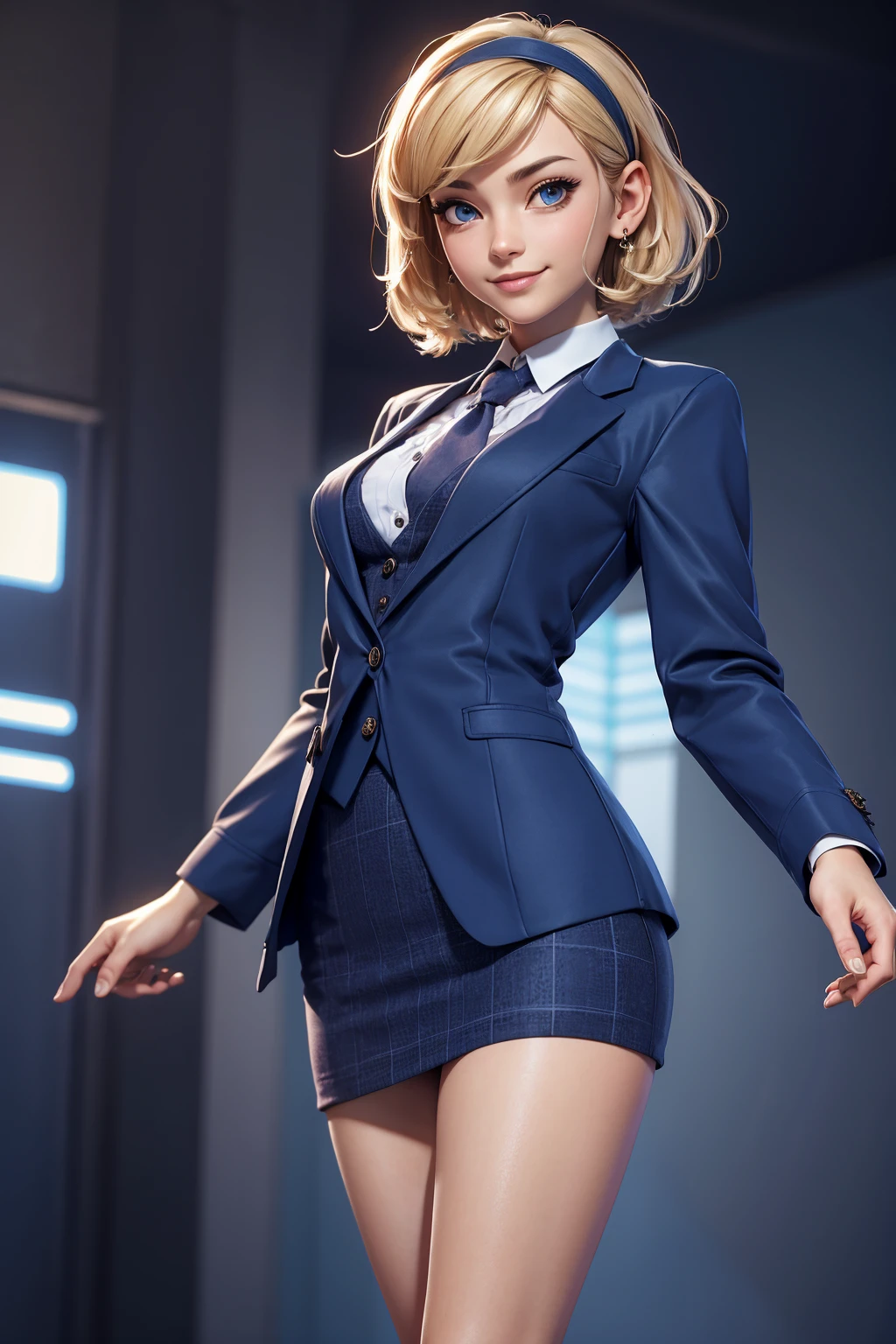 3DMM Style, (Masterpiece, Top Quality, Best Quality, Official Art, Beauty and Aesthetics: 1.2), (Fractal Art: 1.3), 1 Girl, Beautiful, High Detail, Blonde, Short Hair, Hairband, Dark Light, Smiling Face, Front View,Sky, Medium Background, Flowing Skirt, (((Dark Blue Three-Piece Suit))), Shirt, Tie, Sport Coat, Blazer, Vest, Tight Skirt, Jewelry