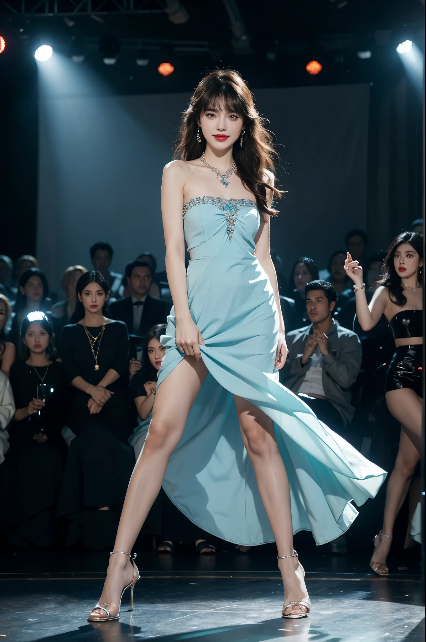 1girl,bangs,bare shoulders,necklace,strapless blue Evening Dress,detailed background,detailed eyes,brown hair,earrings,full body,jewelry,slim,flat chest,messy hair,looking at viewer,makeup,night scene,red lips,signature,laughing,solo,standing,slender legs,high heels,On the T-stage,catwalk,fashion show,Surrounded by crowded crowds on both sides of the stage,neon lights
