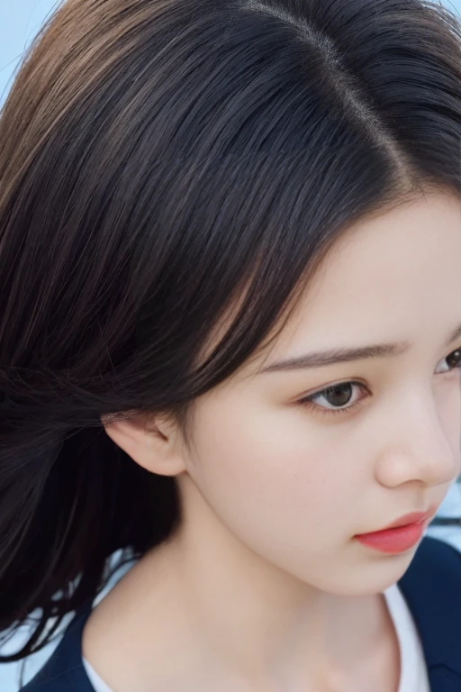 detailed and realistic portrait of a girl with a clean face), (round eyes and long flutters hair shot outside),staring at camera,magical photography, with dramatic lighting, photo realism, Ultra-detailed, (centered image composition), (close up shot:1.6),Best Quality,f/1. 8, 85mm, (18-year-old Asian female), black_heads,(black_eyes:1.2),(bangss),makeups,white_one-piece, (hazy blue_sky_Background with), ((full body shooting)), (Yellow Blazer, bows, Sneakers, Black stockings, High School Uniform: 1.2, )