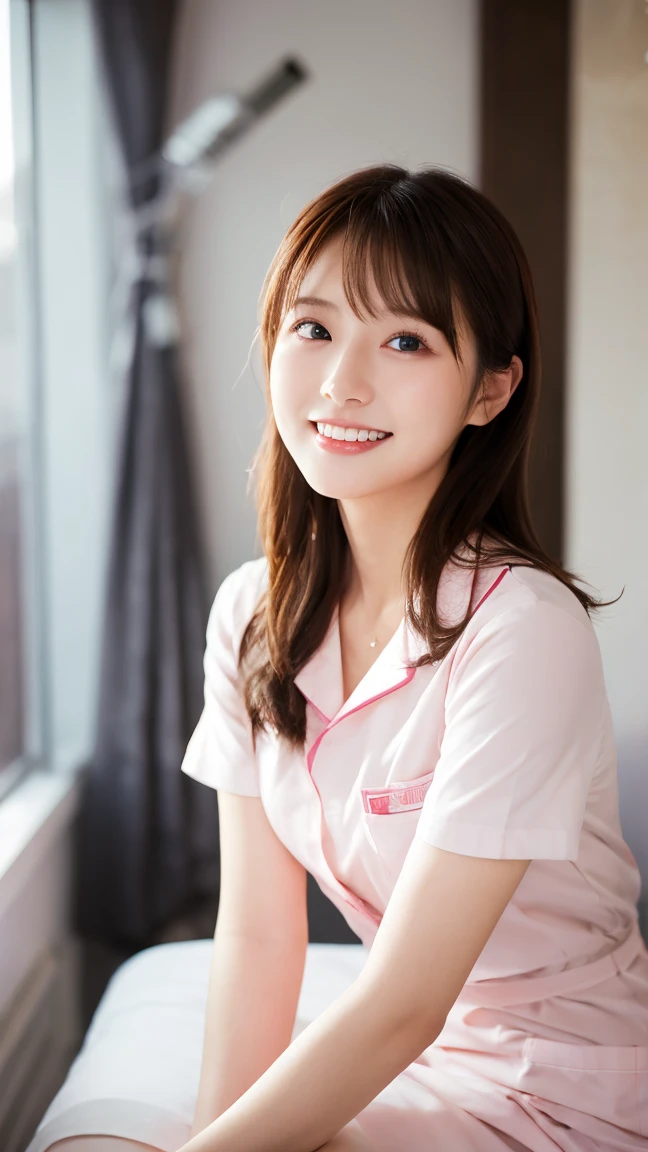 Highest quality、8k wallpaper、Reality:1.4、Cinema Lighting、View your viewers、background:An all-white room、1 beautiful girl、Japanese Idol、30 years old、Beautifully detailed eyes、Detailed face、Beautiful Skin、Slender、Slim waist、Thin legs、Light Hair、Japanese Nurse、Light pink nurse uniform、Light pink nurse cap、smile:1.5、Seductive pose